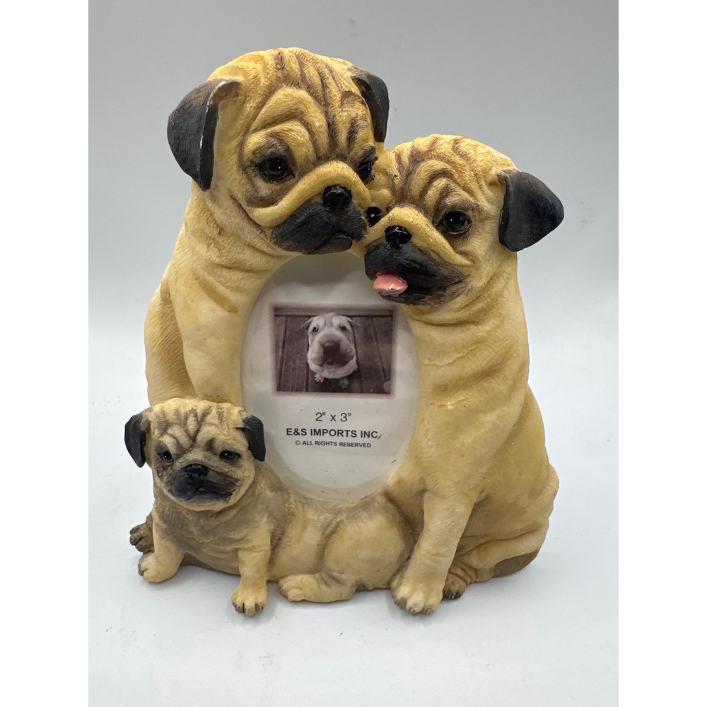 E&S Imports Pug Family Resin Picture Frame 2x3 Fawn Pug Dog Trio Figurine Decor